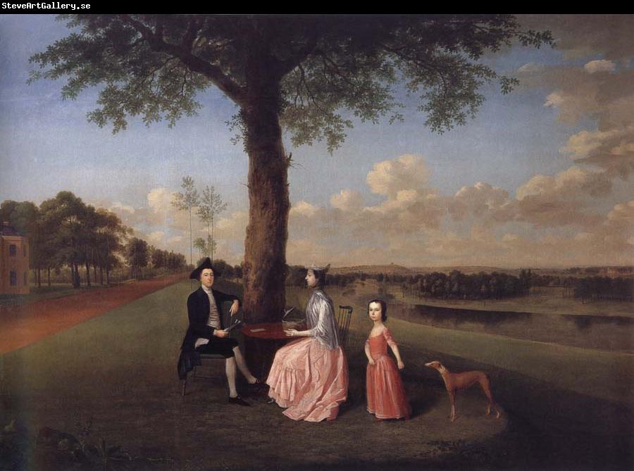 Arthur Devis Henry Fiennes Clinton,9th Earl of Lincoln,with his wife,Catherine and his son,George,on the great terrace at Oatlands
